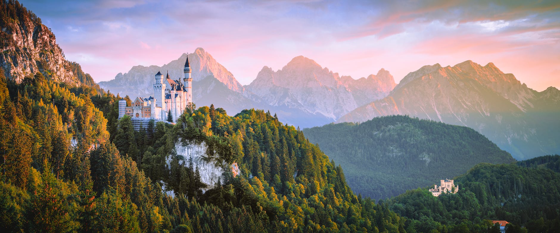 aerial photo of castle beside forest